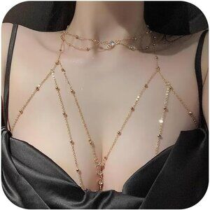 Women 4 Diamonds Neckchain Gold Plated Layered Rhinestone Crossover Body Chains
